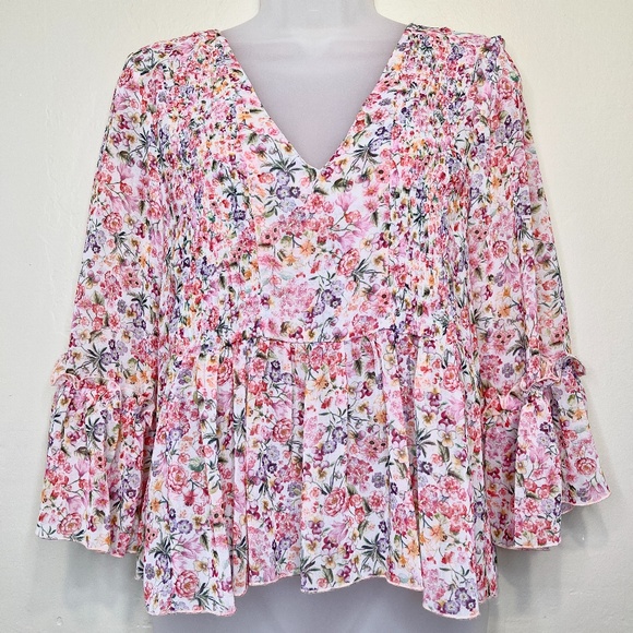 Zara | Chiffon Micro Ditsy Floral Peplum Bell Sleeve Lightweight Summer Blouse - Picture 2 of 15